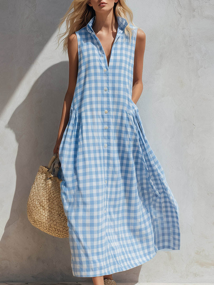 Women's gingham check collared sleeveless maxi dress. Relaxed fit, perfect for summer casual wear.
