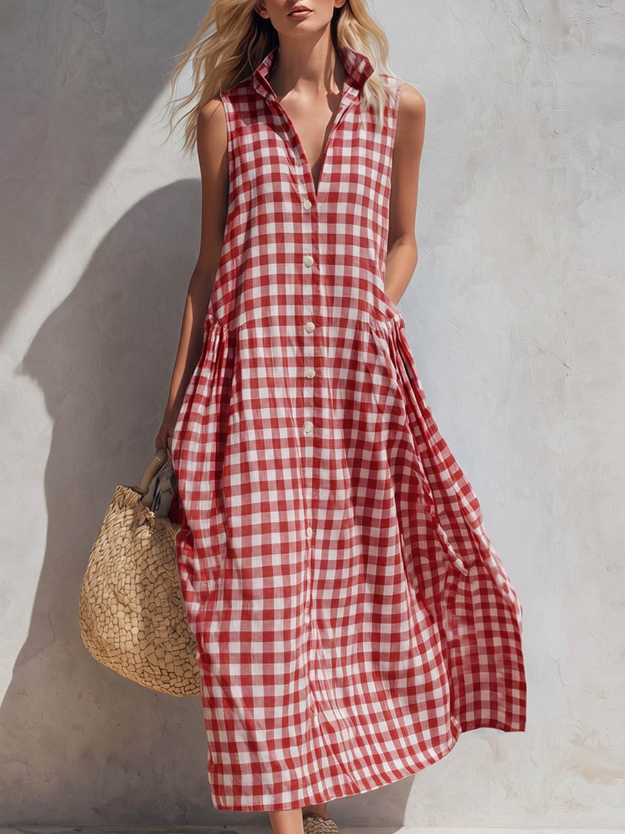 Casual women's sleeveless gingham maxi dress with a collar, offering a relaxed fit for warm weather days.