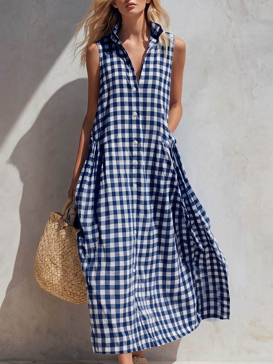 Stylish women's collared gingham check maxi dress, sleeveless and button-down, a comfortable summer outfit.