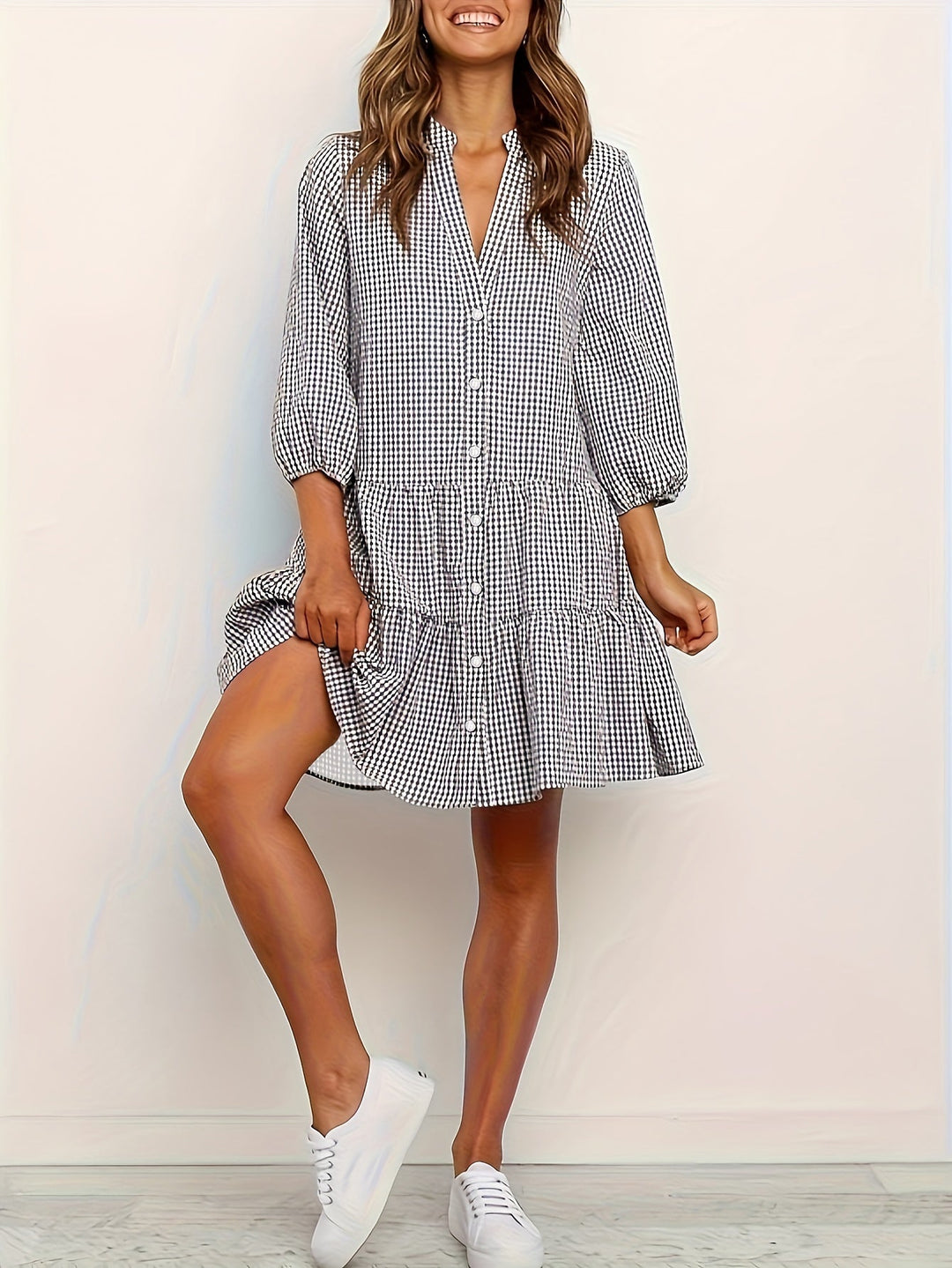 Stylish women's gingham check print mini dress, button-front, tiered ruffles, perfect for spring casual wear.
