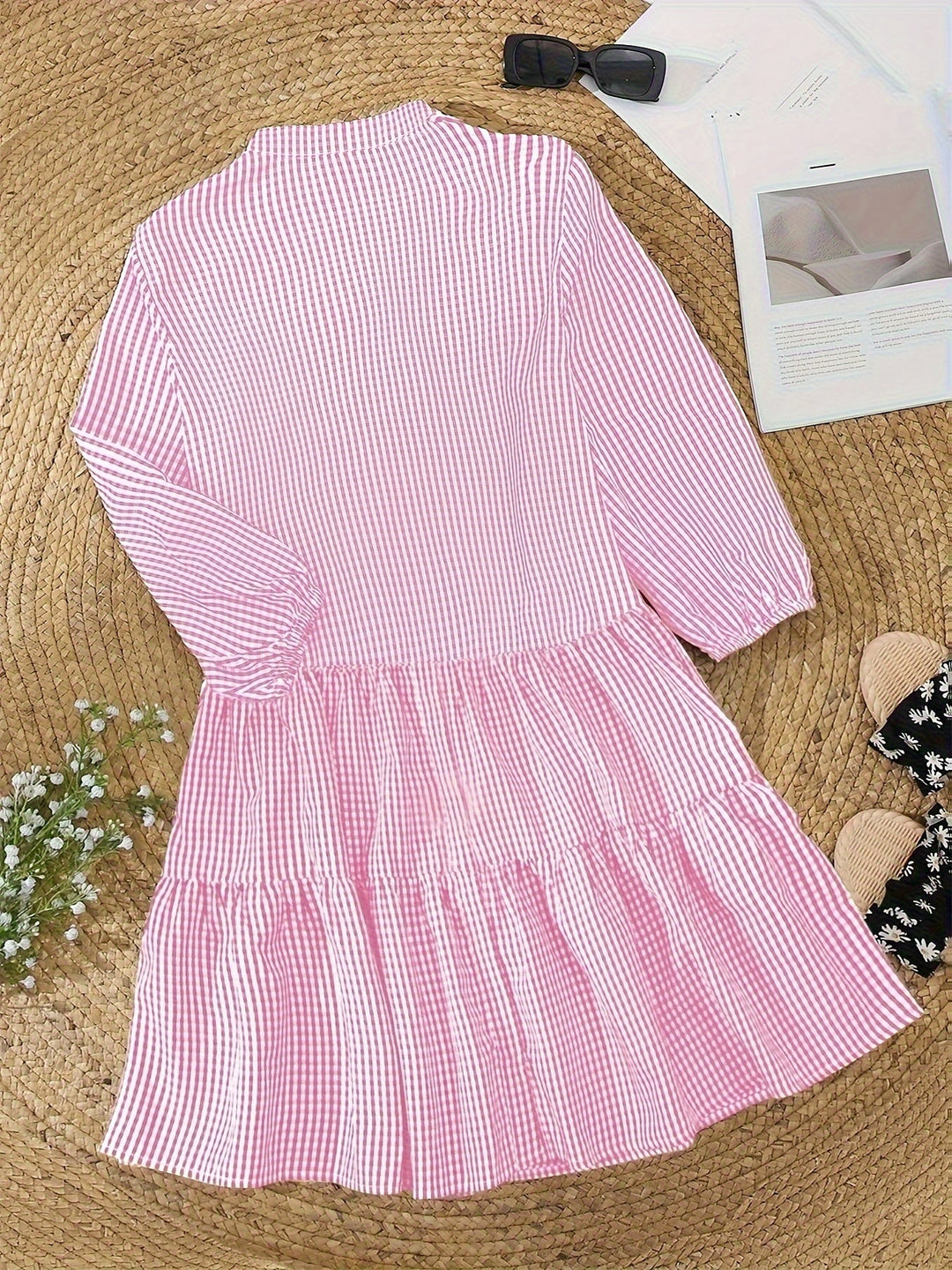 Women's tiered ruffle mini dress, gingham check print, button-front, puff sleeves, a must-have summer outfit.