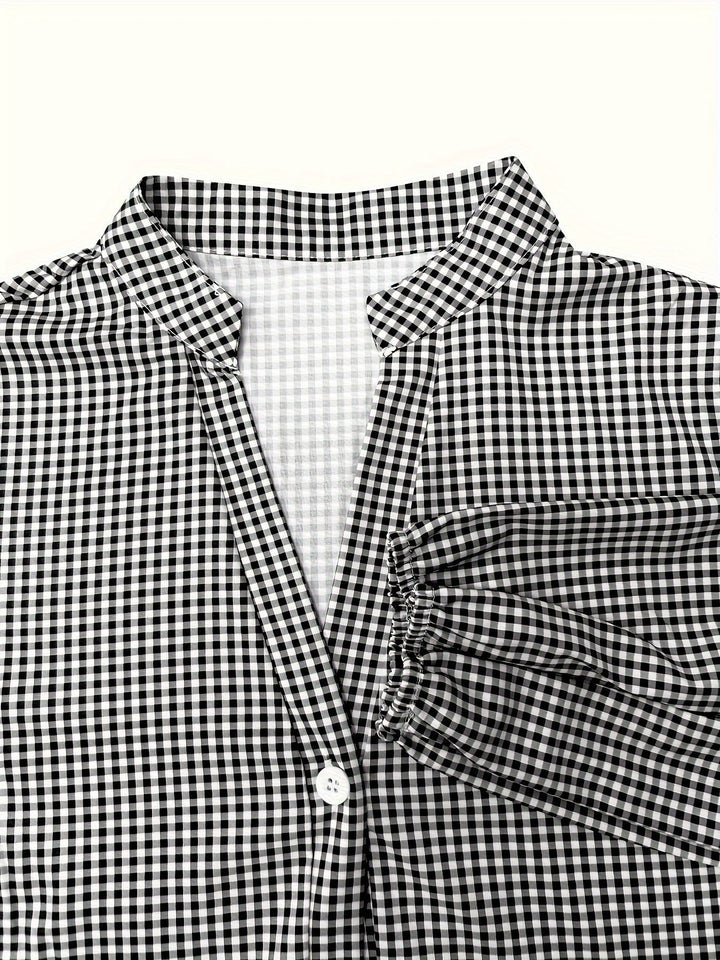 Gingham check print mini dress for women, featuring a button front, tiered ruffle hem, and puff sleeves.