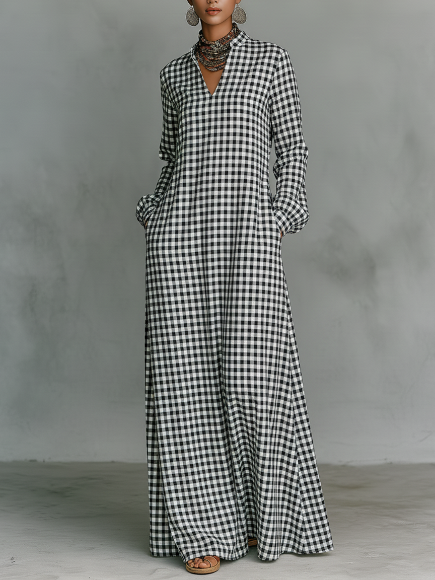 Women's gingham V-neck long sleeve maxi dress. Casual & elegant for spring/summer comfort. Timeless everyday chic.