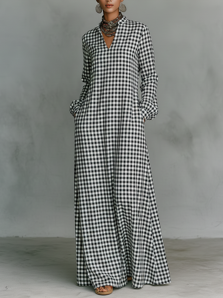 Women's gingham V-neck long sleeve maxi dress. Casual & elegant for spring/summer comfort. Timeless everyday chic.