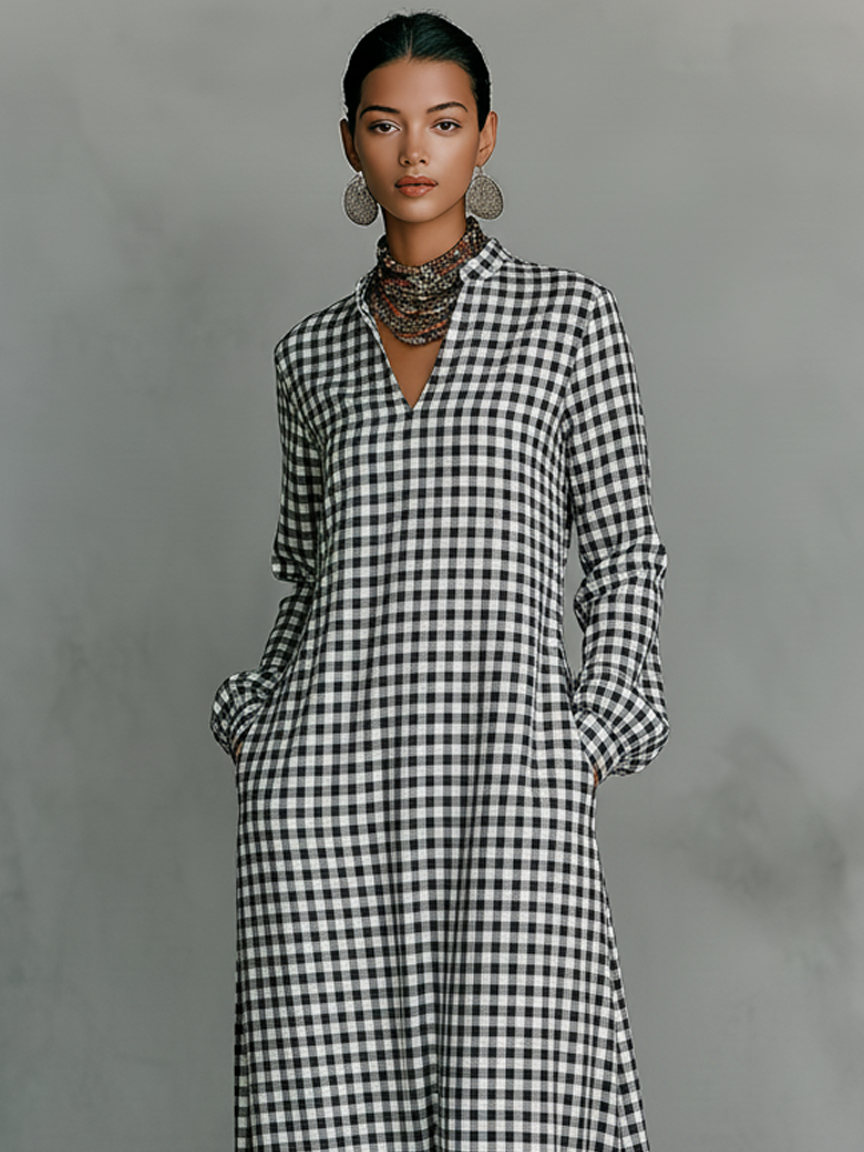 Comfortable women's long sleeve gingham maxi dress with V-neck. Versatile for casual spring & summer wear. Relaxed fit.