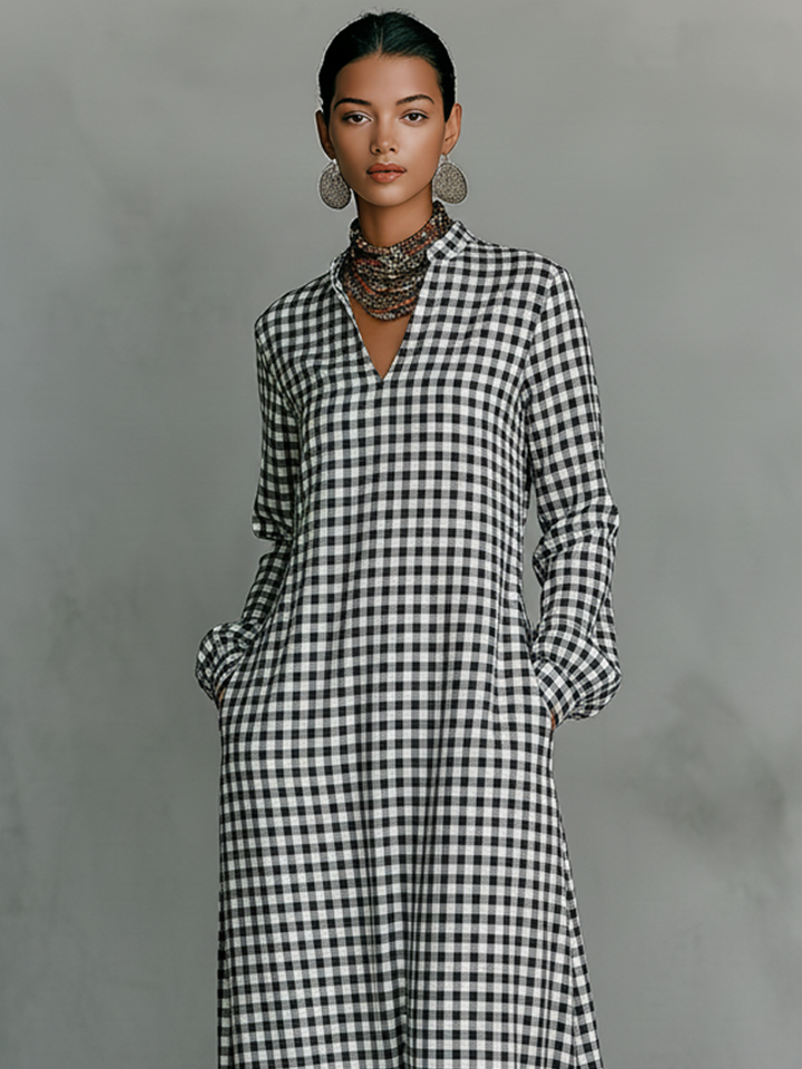 Comfortable women's long sleeve gingham maxi dress with V-neck. Versatile for casual spring & summer wear. Relaxed fit.