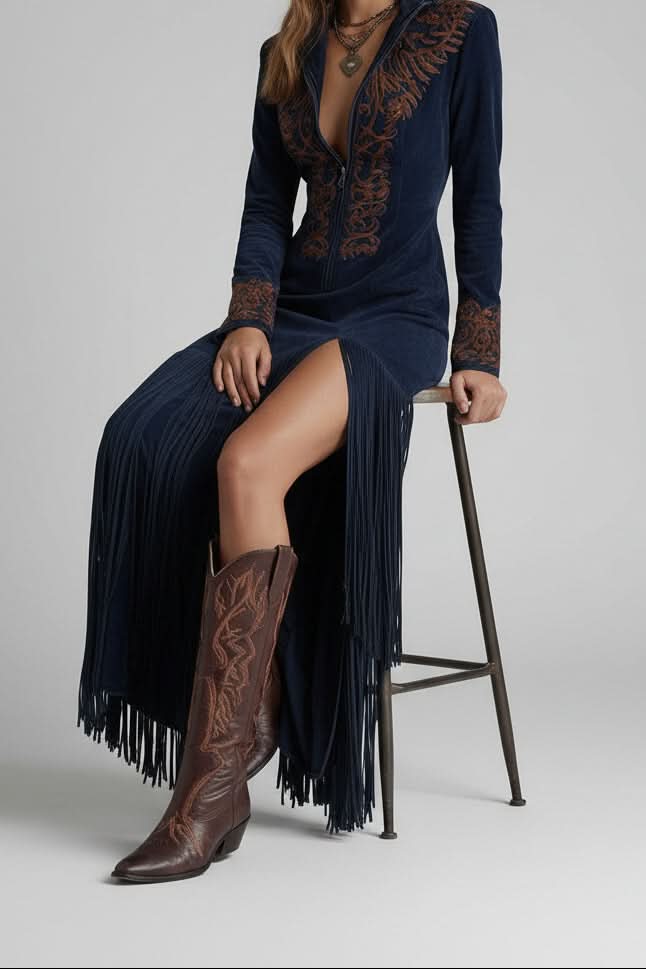 Statement women's luxe fringe maxi dress, perfect for festivals or a summer party, offering an elegant look.