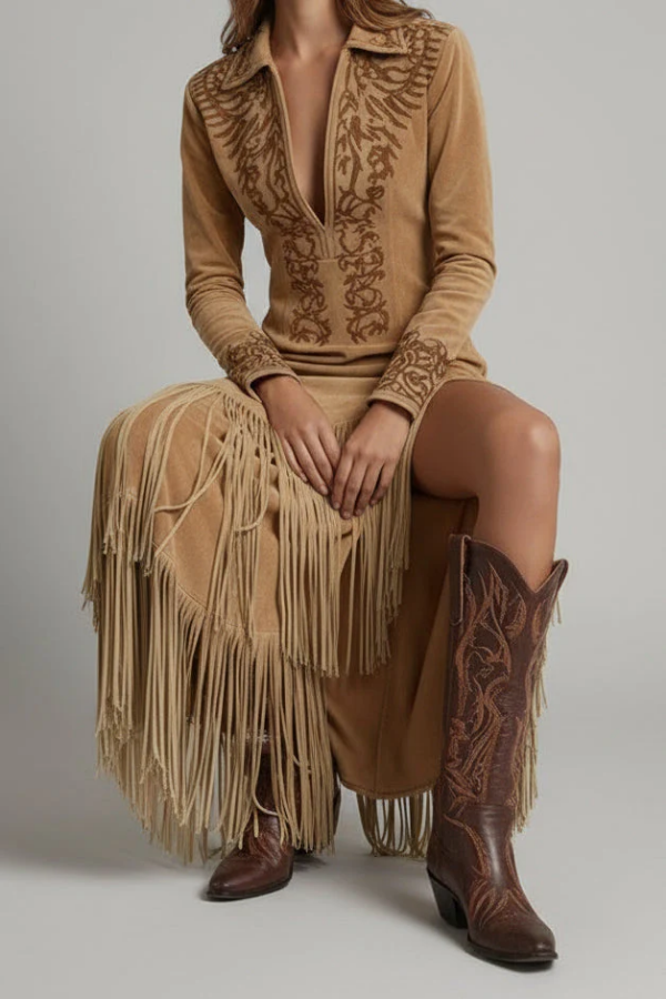 Elegant women's long-sleeve fringe maxi dress, ideal for parties, evening events, or a chic summer occasion.