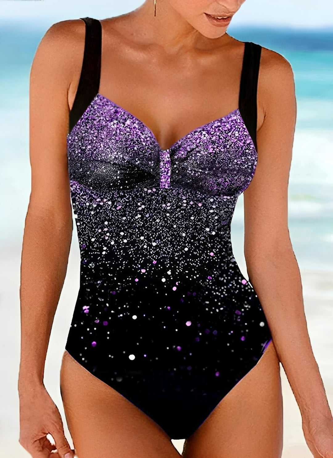 Women's dazzling glitter push-up one-piece swimwear. Ideal for summer style & glamorous vacation beach days.
