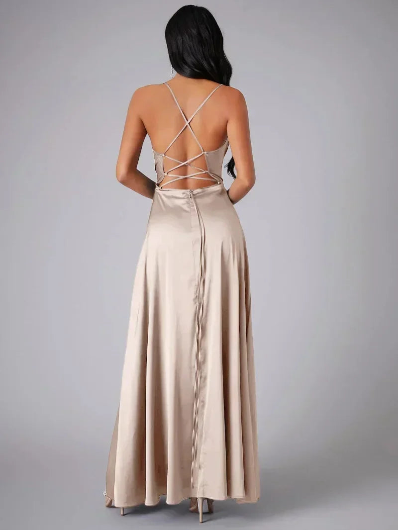 Elegant women's formal maxi gown, featuring a high slit & stunning open back design.