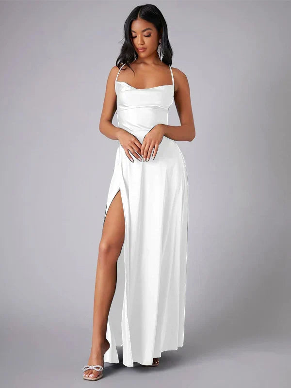 Alluring women's maxi evening dress with a daring high slit & elegant open back, ideal for special occasions.