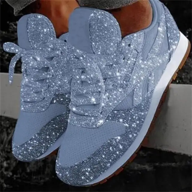 Comfortable women's glitter lace-up trainers, ideal everyday footwear for stylish walking and casual wear.