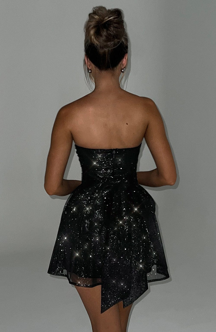 Black glitter skater mini homecoming dress, strapless party & cocktail wear for women.
