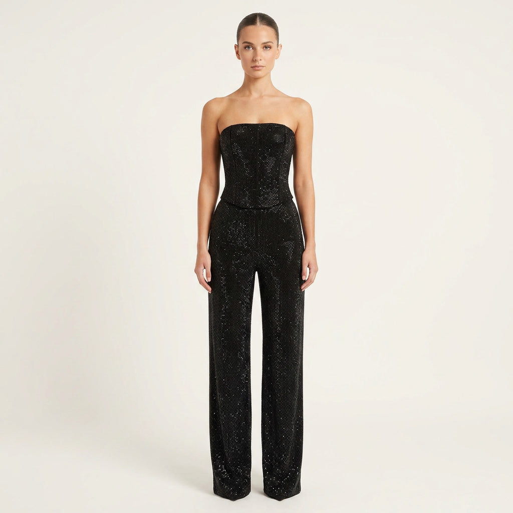 Women's glitter top & high-waist jeans set, perfect for party wear or a glamorous night out.