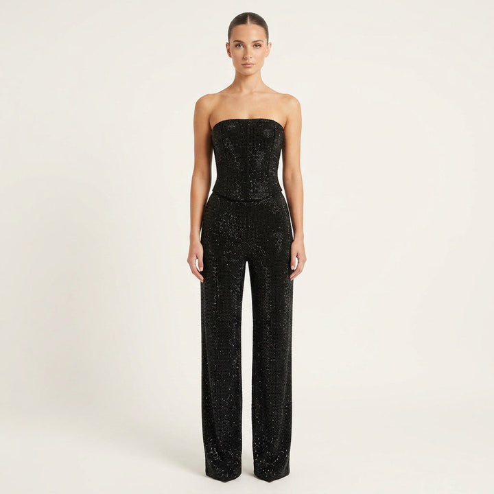 Women's glitter top & high-waist jeans set, perfect for party wear or a glamorous night out.