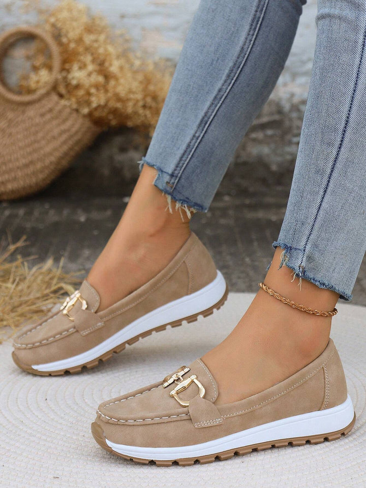 Stylish comfort loafers for women. Easy slip-on design with a chic gold buckle, versatile.