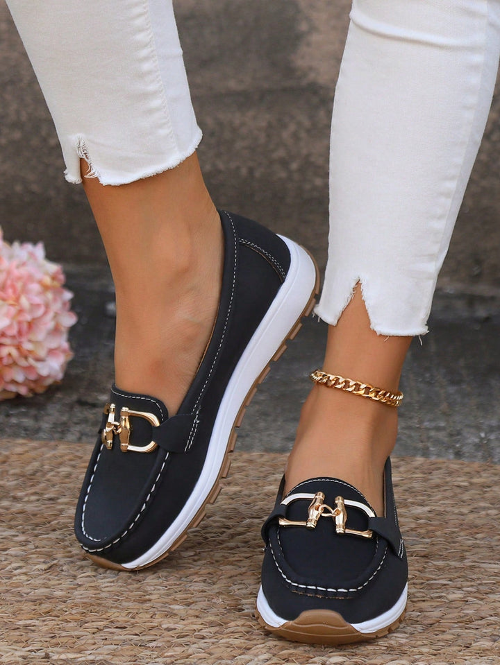 Everyday women's gold buckle loafers. Comfortable and versatile casual flats, great for office.
