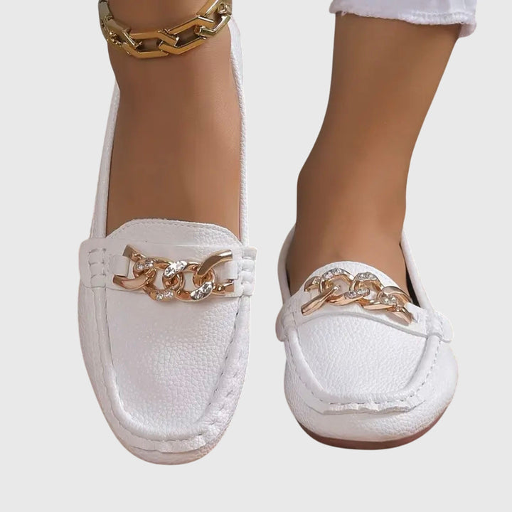 Versatile women's gold-chain wedge loafers, perfect for office, casual, or elegant outfits.