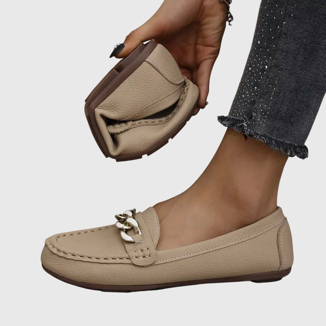 Women's luxurious gold-chain wedge loafers, ideal for office, casual, or evening wear.