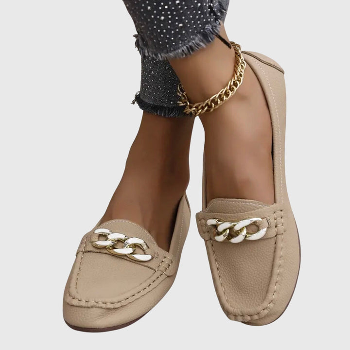 Women's elegant gold-chain wedge loafers, comfortable & stylish slip-on shoes for women.