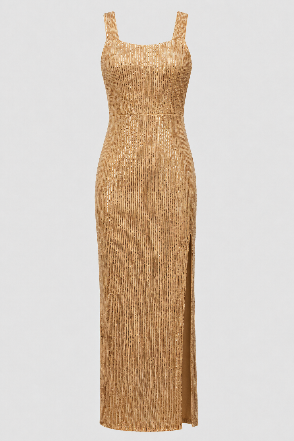 Women's gold sleeveless maxi dress with a chic square neck and elegant vertical pattern, perfect for summer fashion.