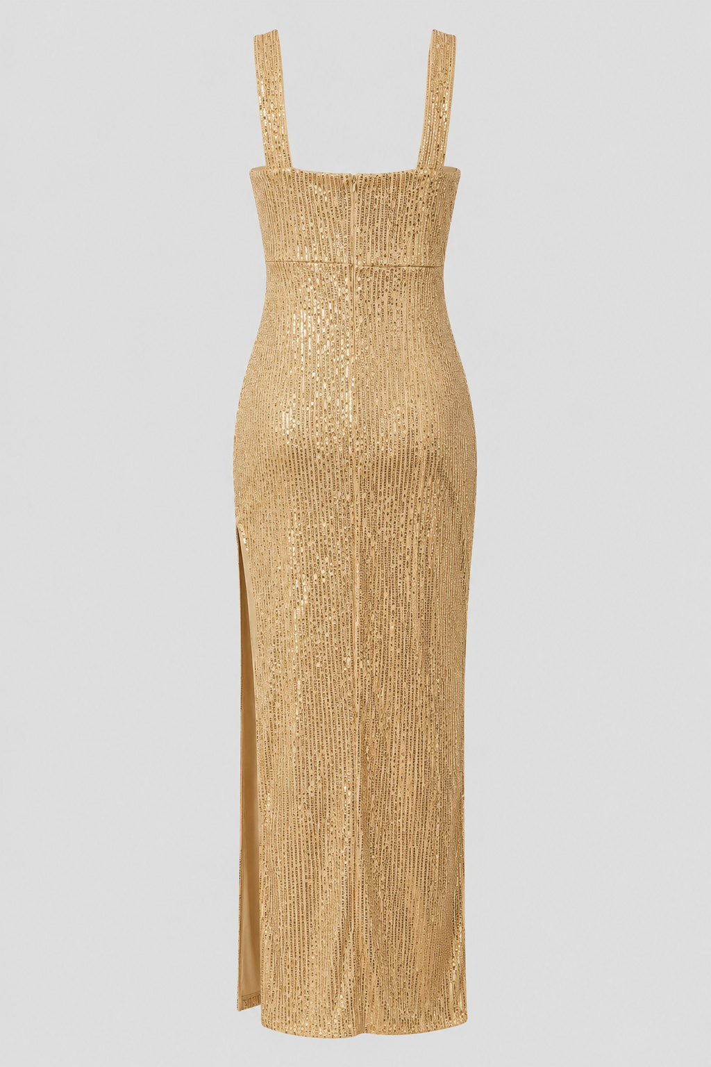 Elegant women's sleeveless maxi dress in gold with a square neck and flowing vertical pattern, ideal for casual summer wear.