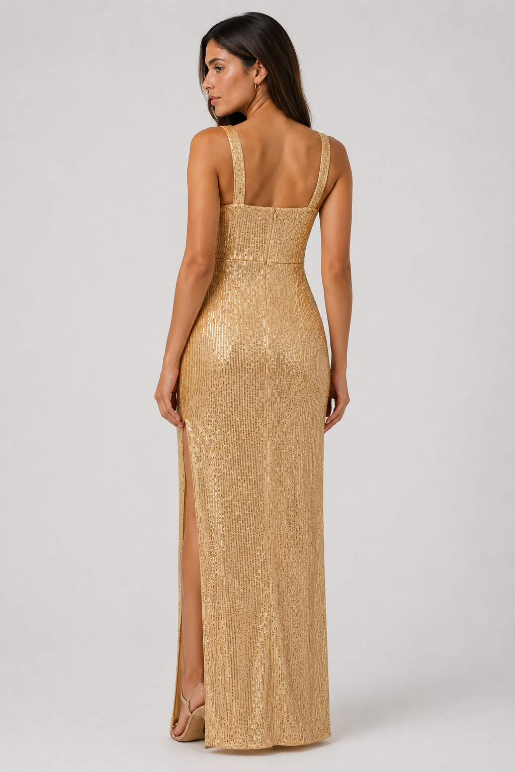Comfortable gold sleeveless maxi dress for women, with a stylish square neck and elegant vertical pattern for everyday chic.
