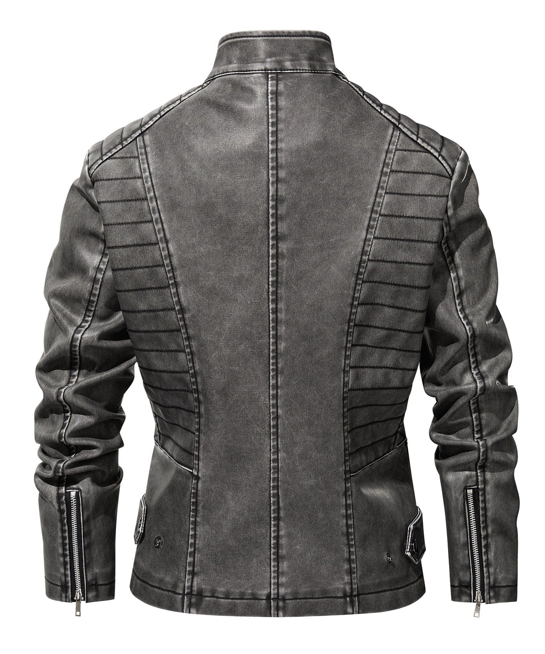 Full shot of a woman wearing a tailored gray faux leather moto jacket, perfect for versatile outerwear.