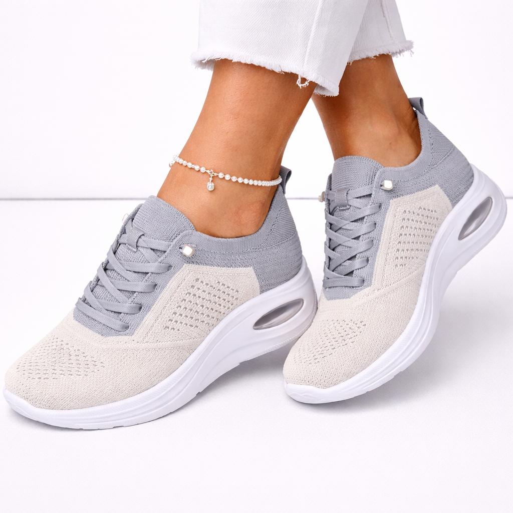 Close-up of women's comfortable slip-on orthopedic sneakers with soft, breathable upper and non-slip sole.
