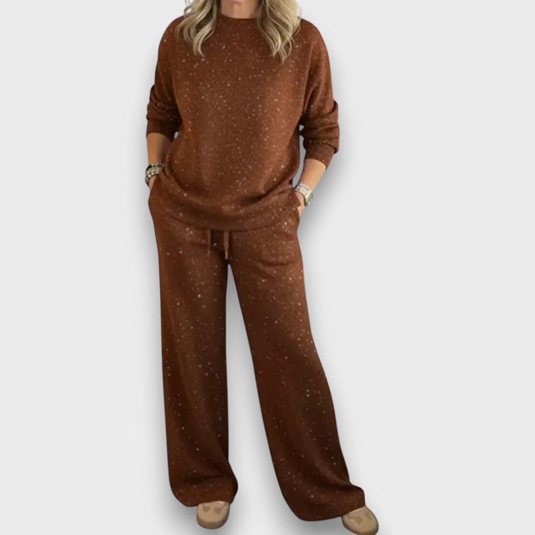 Model wearing Women's Hadley relaxed fit lounge set. Soft & stylish two-piece, perfect for comfortable home lounging.