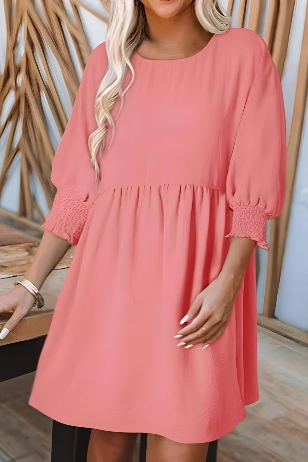 Trendy babydoll mini dress, women's half sleeve with smocked cuffs & tiered skirt, spring fashion.