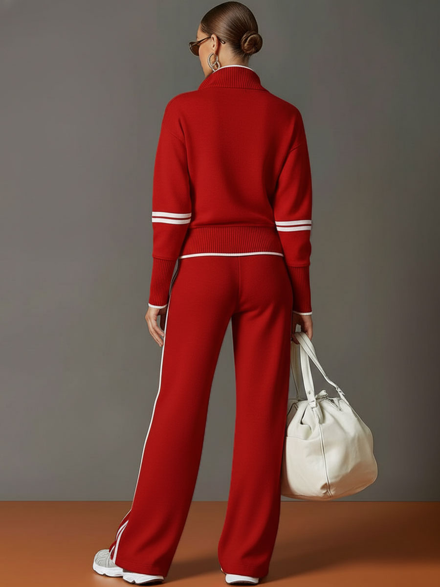Women's stylish two-piece loungewear set featuring a half-zip top and wide-leg pants. Easy to wear.