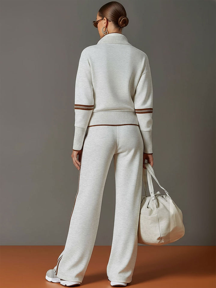 Stylish women's half-zip pullover & wide-leg pant co-ord, perfect for casual or athleisure looks.