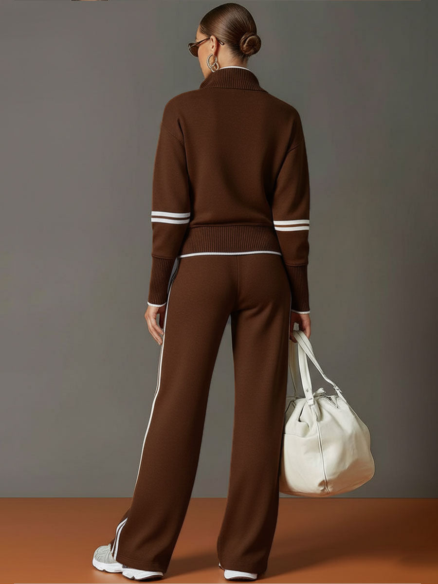 Elegant women's athleisure co-ord with a half-zip top and wide-leg trousers. Ideal for comfort & style.
