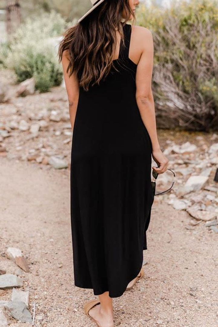 Model wearing a Halter Maxi Breeze Dress, demonstrating comfortable fit & summer fashion.