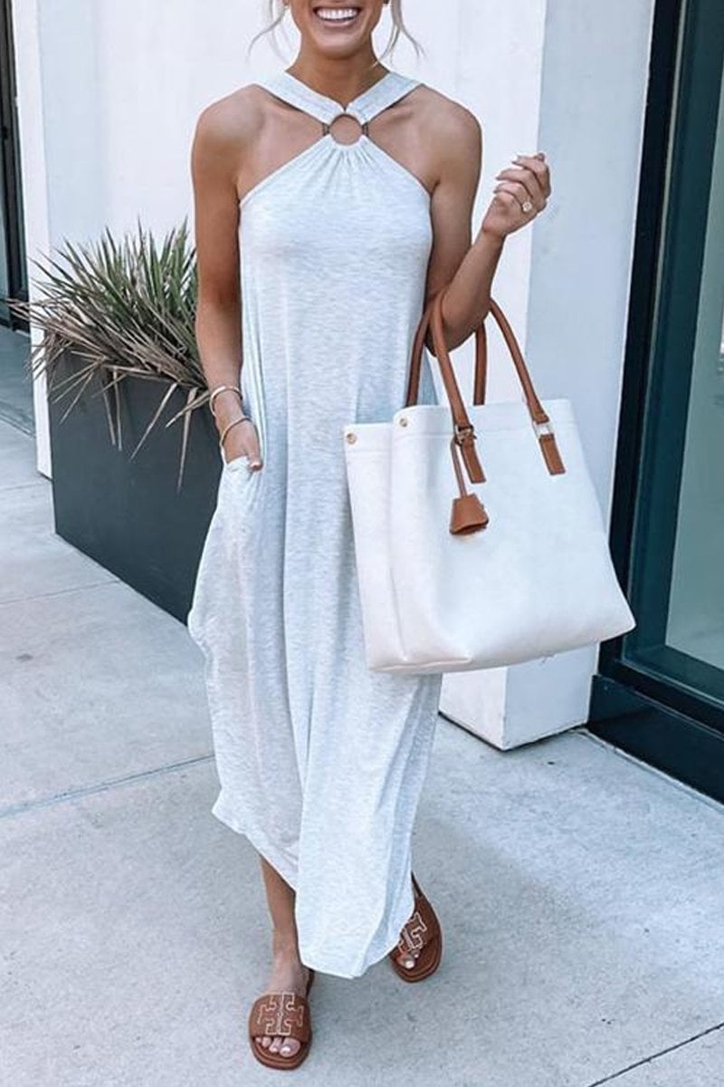 Versatile women's halter maxi dress, great for beach, casual outings or resort wear.