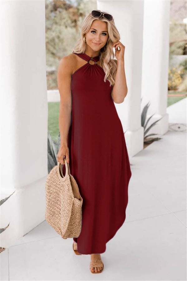 Chic sleeveless halter maxi dress, offering effortless summer style & comfort for women.