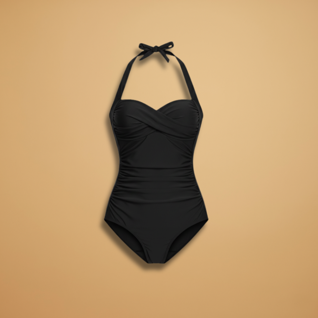 Elegant women's halter neck one-piece swimwear with ruched tummy control, perfect for summer vacation.