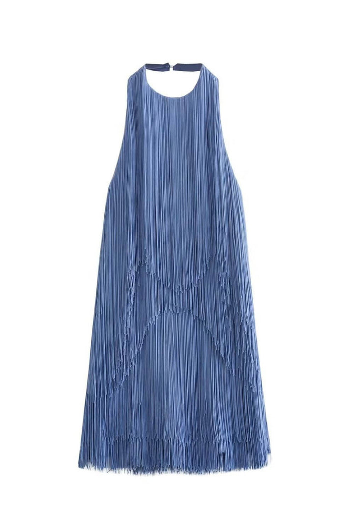 Elegant sleeveless women's halter dress featuring tiered fringe & a flattering bodycon mini cut.