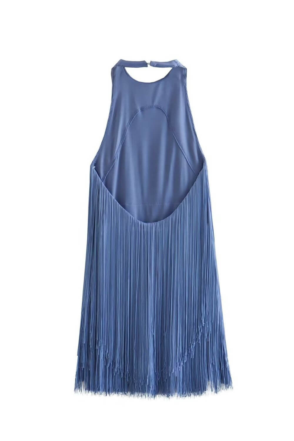 Fashionable women's party dress: halter neck, tiered fringe, mini length, and bodycon silhouette.