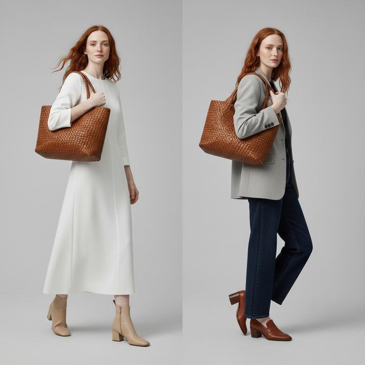 Elegant handwoven leather tote bag for women. Premium craftsmanship, spacious design, ideal as an everyday shoulder bag.