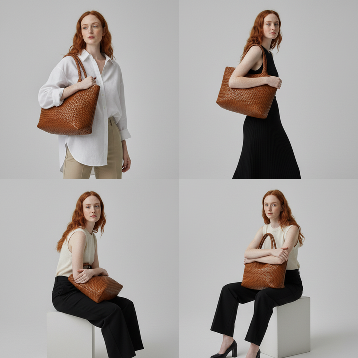 Large women's leather tote bag, handwoven design. Spacious shoulder handbag, perfect for work or daily essentials.