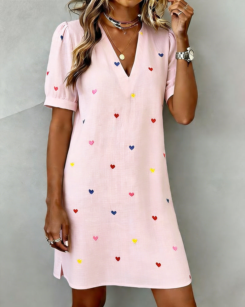 Comfortable women's V-neck heart print casual dress with puff sleeves & relaxed fit. Great for summer days.