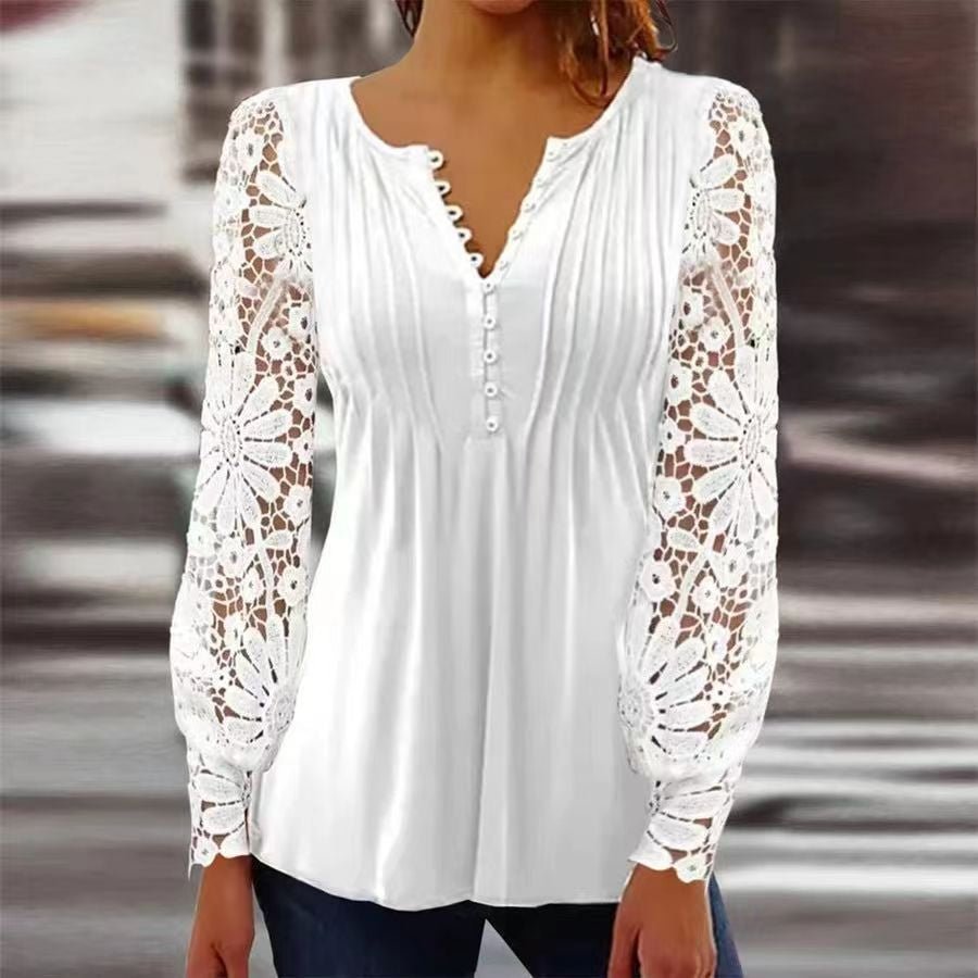 Women's Henley blouse with elegant lace long sleeves and button front. Casual and versatile top.