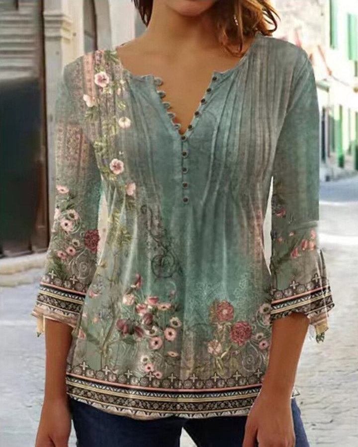 Women's Henley blouse with sophisticated lace sleeves. A casual long sleeve top with button front for spring/summer.
