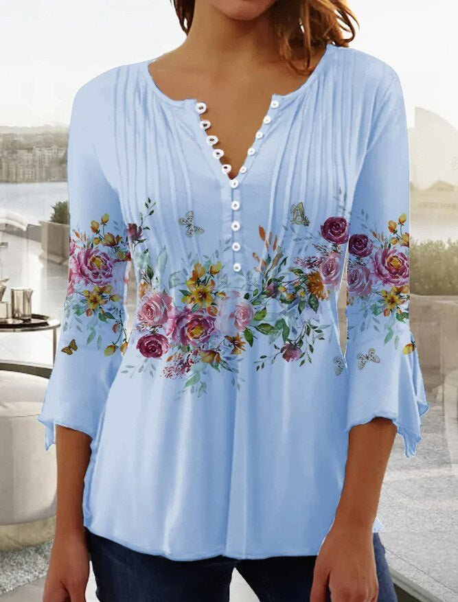 Fashionable women's long sleeve Henley top with exquisite lace detail on sleeves. Versatile for any occasion.