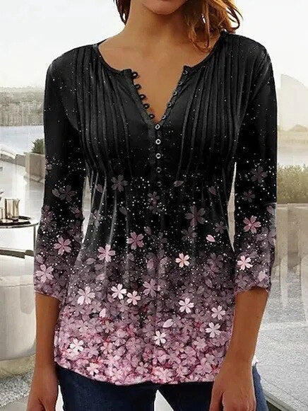 Stylish women's lace sleeve Henley blouse. A casual elegant long sleeve top with a button front for daily wear.