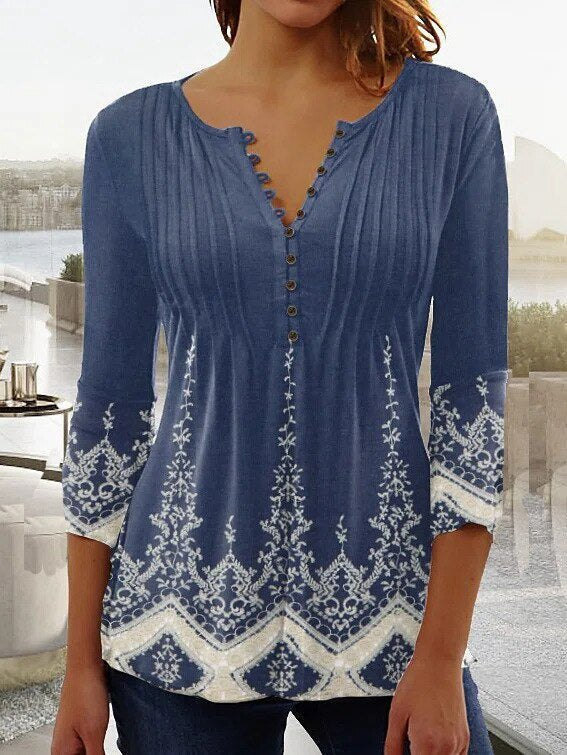 Lightweight women's Henley blouse with elegant lace sleeves, perfect for spring style and summer outfits.