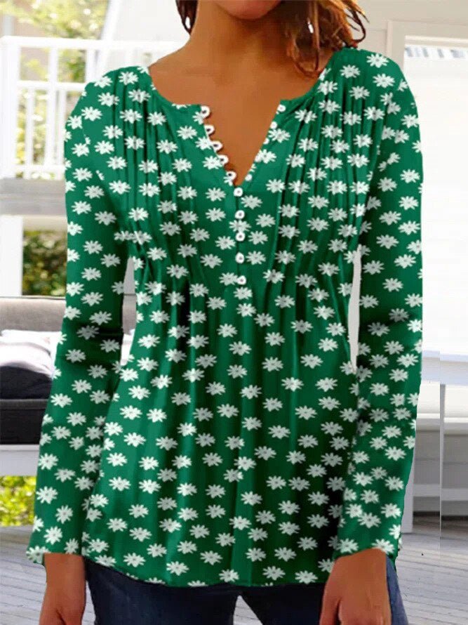 Women's button-front Henley blouse showcasing beautiful lace long sleeves, a chic and relaxed fit top.