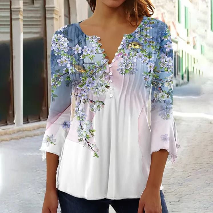Elegant women's long sleeve blouse. Henley style with delicate lace sleeves, offering comfort for daily fashion.